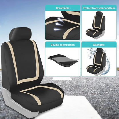 FH Group Car Seat Covers Front Set in Cloth for Low Back Car Seats with Removable Headrest, Universal Fit, Automotive Washable for SUV, Sedan, Van Beige