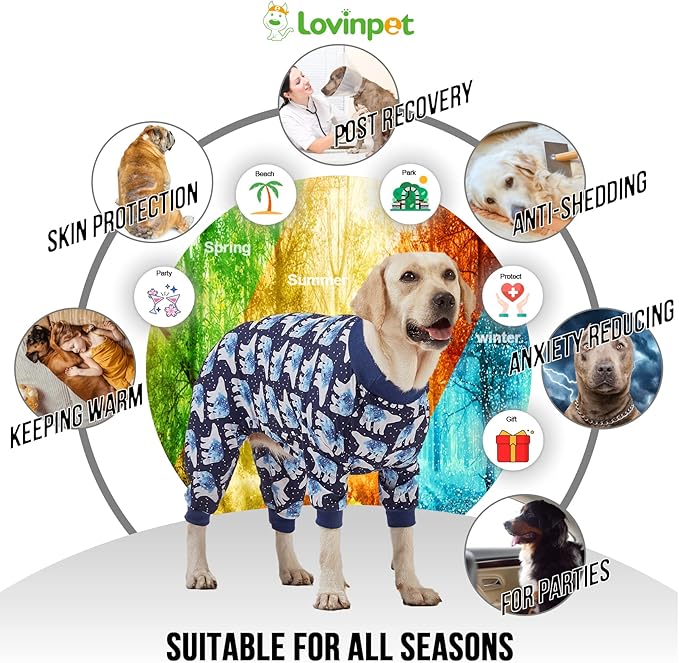LovinPet Big Dog Pajamas, Post Surgery Onesie UV Protection, Blue Triangle Print, Lightweight Stretchy Big Dogs Pullover Shirt, Full Coverage Large Breed Dog Jammies, Pet PJ's, Medium