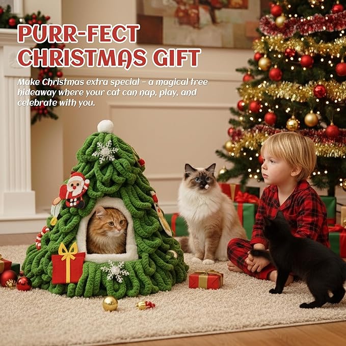 PETKARAY Cat Cave Bed for Indoor Cats, Pre-Assembled Cozy Felt Cat House with Plush Cushion, Christmas Tree–Inspired Design