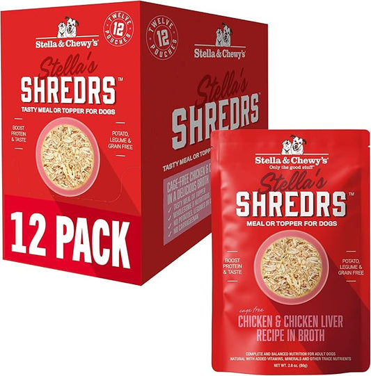 Stella & Chewy's Cage Free Chicken & Chicken Liver Shredrs - Premium Dog Food Pouches - Perfect for Picky Eaters - 12 Pack, 2.8oz Each