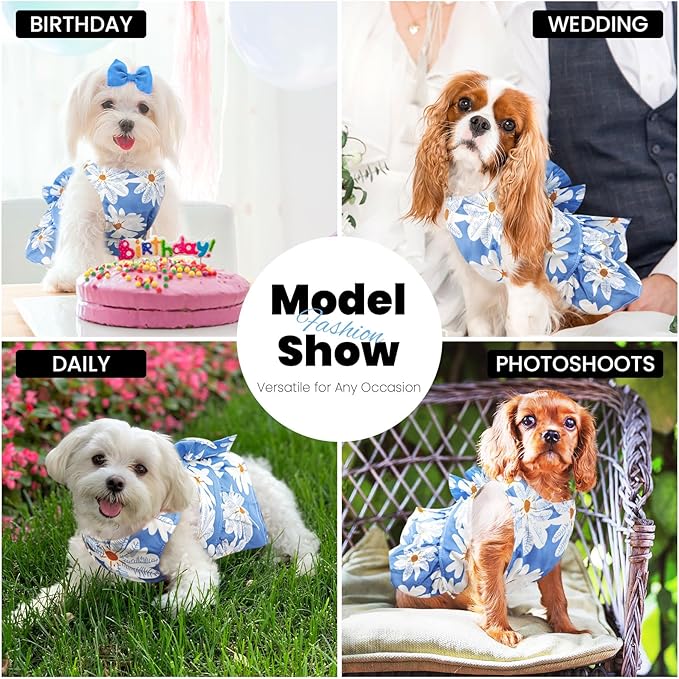 ABRRLO Cute Dog Dress Small Dog Clothes for Girls Female Puppy Outfits Floral Pet Summer Clothes Bowknot Doggy Harness Dress Cat Princess Dresses for Holiday Birthday Party (Blue Daisy, Small)
