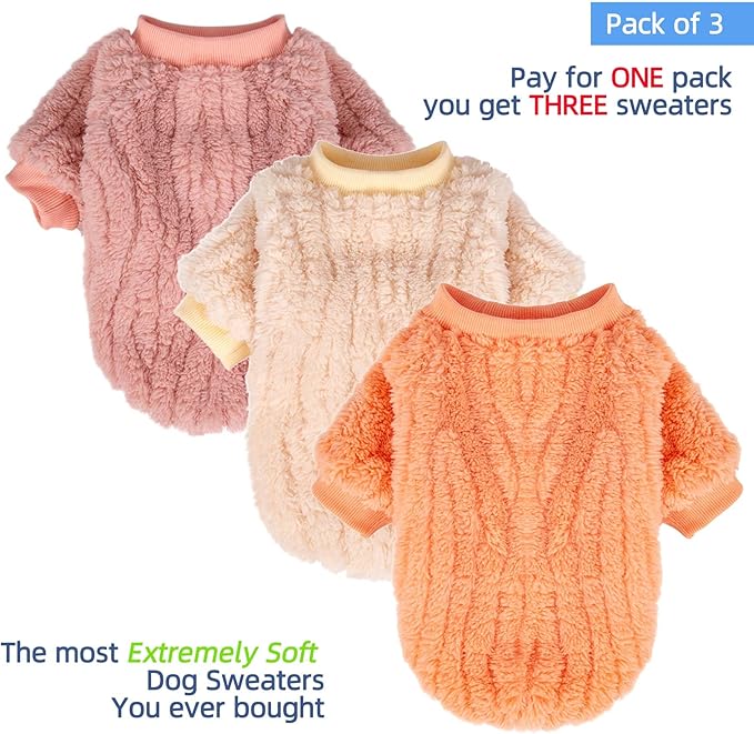 FabriCastle Dog Sweater, 3-Pack Dog Clothes, Ultra Soft and Warm Pet Jackets XXS XS for Small Dogs Girl & Cats, Winter Pet Apparel Costumes, Puppy Outfits for Christmas (Ivory,Pink,Coral, X-Small)