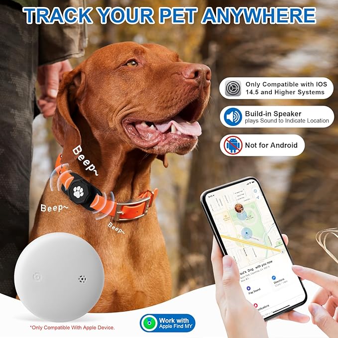 Smart Pet Tracker for Collar - Dog Tracker Pet Location Tracker with Holder | Real-Time Location, No Monthly Fee/ SIM Card, Work with IOS Only (Not for Android), Ultra-Slim, IP68 Waterproof Holder, Black