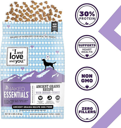 I and love and you Naked Essentials Ancient Grains Dry Dog Food - Chicken + Turkey - High Protein, Real Meat, No Fillers, 4lb Bag