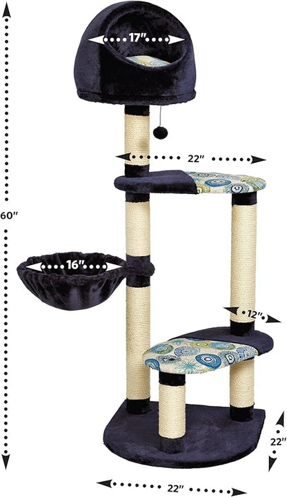 MidWest Homes for Pets Cat Tree Resort, 4-Tier Sisal Wrapped Cat Scratching Post, Blue/White Pattern, 24.75L x 37.25W x 60H Inches