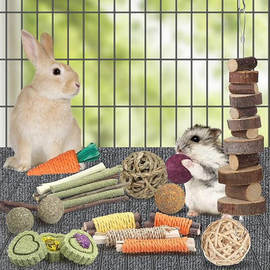 YIXUND Rabbit Toys Bunny Toys 26Pcs Natural Timothy Hay Sticks Apple Wood Sticks Handmade for Guinea Pig Hamster Rat Chinchilla