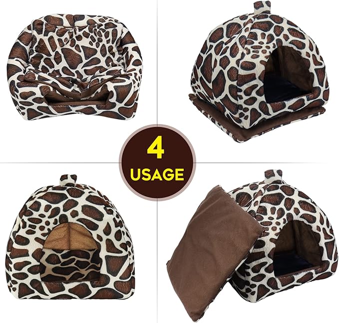 Guinea Pig Bed Rabbit Hideout Warm Fleece Cuddle Cup Washable Winter Sleeping House for Small Pet/Ferret/Chinchilla/Bunny (Leopard Print Style)