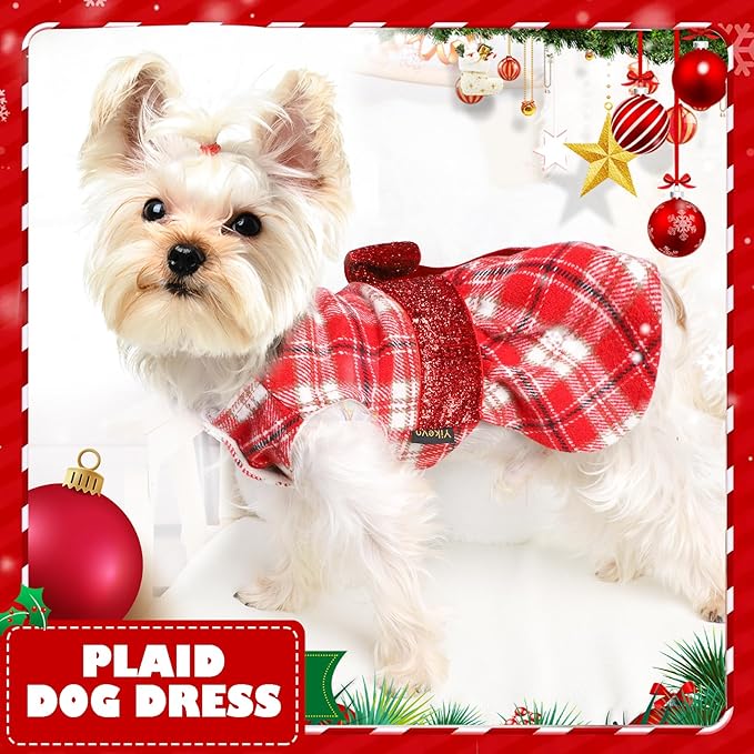 Yikeyo Dog Sweater Dress,Fleece Lining Plaid Dog Dress Sequins Bow-Knot Dog Clothes Girl Pet Clothes Sweater Coats Cat Outfits Red,Medium
