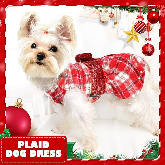 Yikeyo Dog Sweater Dress,Red Plaid Dog Dress Winter Clothes for Small Dogs Girl Fancy Sequin Puppy Fleece Lining Sweater Pet Coat Cat Apparel, XXS