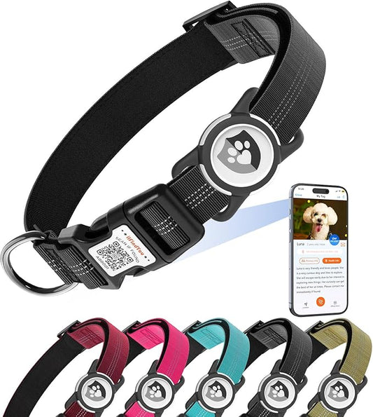 Reflective Dog Collar with AirTag Holder for Medium Dogs Soft Nylon Black Sized M
