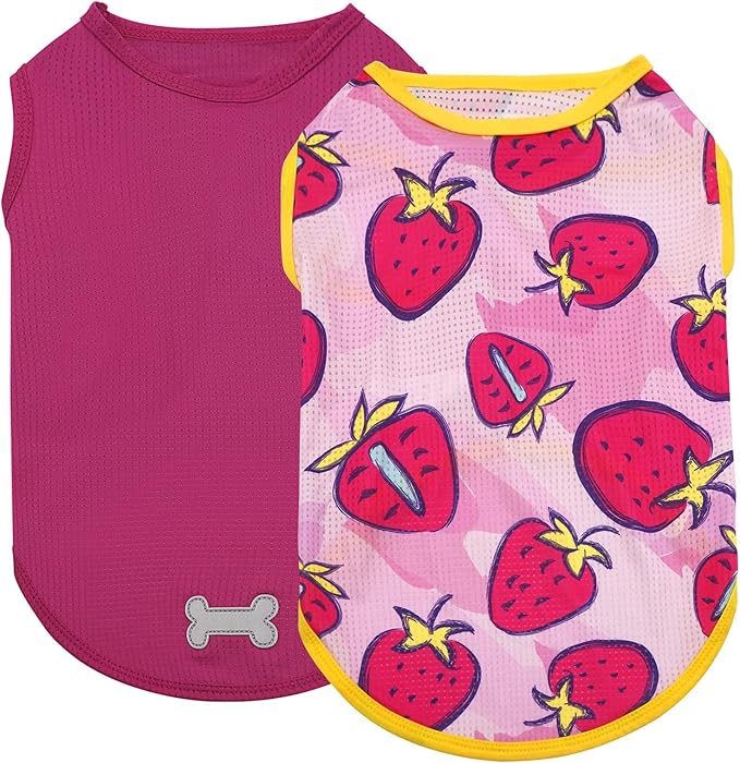 KYEESE 2Pack Dog Shirt, Lightweight Sun Protection Dog T Shirts for Small Medium Dogs Girl, Breathable Mesh Tank Top Sleeveless Pet Reflective Vest, Soft Summer Dogs Clothes, Strawberry+Rose Red, XL