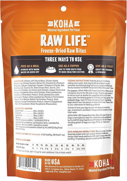 KOHA Raw Life Freeze-Dried Raw Bites Chicken for Dogs, High Protein Meal, Topper, and Treat for Picky Eaters, 14oz Bag