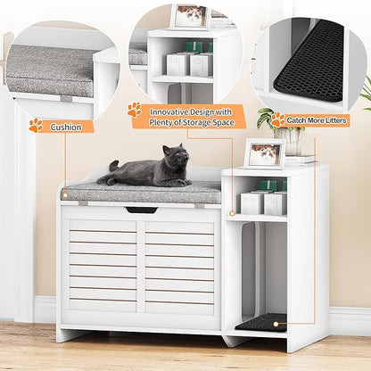 Cat Litter Box Enclosures Large Hidden Cat Litter Box Furniture Enclosure w/Top Opening Door, Wooden End Table Pet House w/Storage Shelf, Cushion & Mat, Dog Proof Design for Easy Cleaning