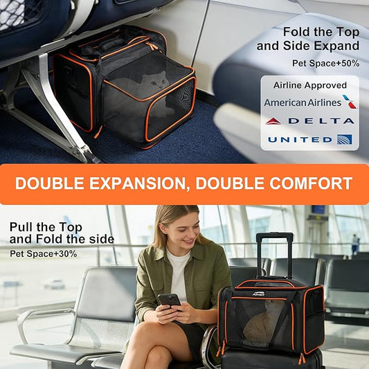 Cat Carrier, Airline Approved Dog Carrier with Top and Side Expansion, 360° Ventilation Soft-Sided Cat Carrier with Safety Leash, Foldable Travel Carrier for Small Cats and Dogs,Black