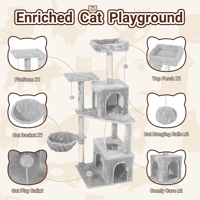 Cat Tree, 54-Inch Cat Tower for Indoor Cats, Soft Plush Multi-Level Climbing Cat Condo with Scratching Posts, Basket, Perches,2 Caves,2 Pompoms Play House for Cat (Light Grey01)