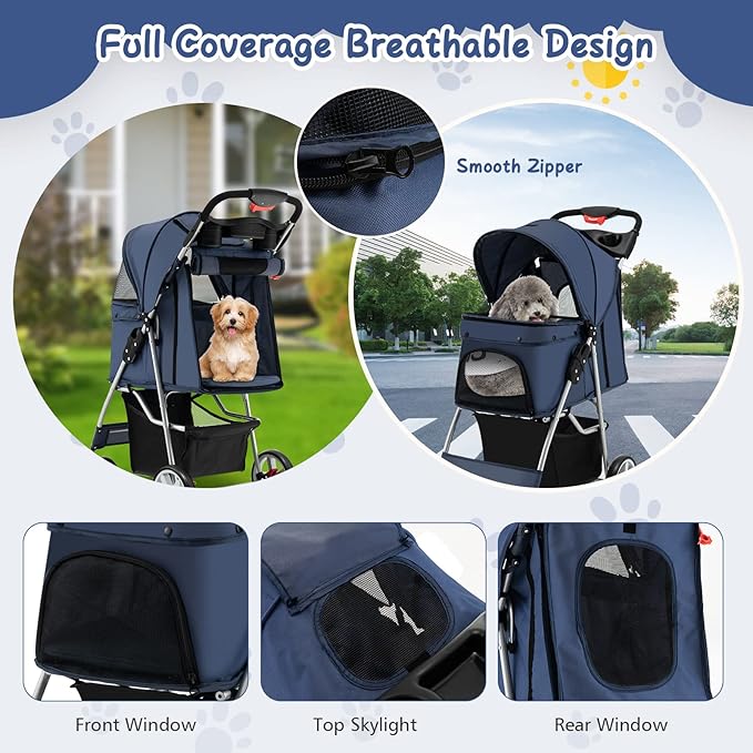 4 Wheels Dog Stroller, Foldable Pet Stroller for Small/Medium Dogs Cats, Cat Carrier with Storage Basket and Cup Holder, Pet Car Seat with Soft Pad, Navy Blue
