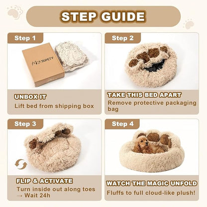 Jiupety Paw Shape Calming Pet Bed, Medium Plush Faux Fur Donut Bed for Dogs & Cats, Machine Washable, Non-Slip Bottom, Extra Large Size (32"×32"×10"), Camel