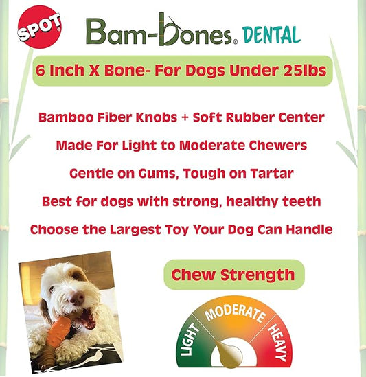 SPOT Bam-Bones Dental X-Bone - Made with Bamboo Fiber and a Massaging Rubber Center to Keep Teeth Clean, Durable Oral Care Dog Chew for Light Chewers & Teething Puppies Under 25lbs, 6in, Apple Flavor