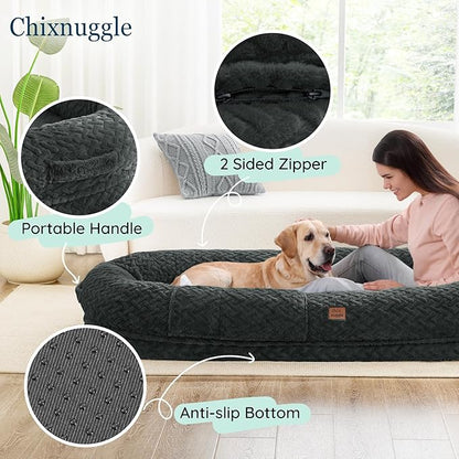 Human Dog Bed for Adult - Luxury Faux Fur Giant Size Dog Bed with Portable Handle, Egg Orthopedic Foam with Blanket, 72"x40"x10", Dark Grey