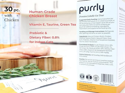 Purrly Lickable Wet Cat Treats Creamy Purée Human-Grade Chicken Breast with Prebiotic and Dietary Fiber for Digestive Health (30 Count) Non-Seafood Non-GMO No-Grains All Ages Low-Phosphorus