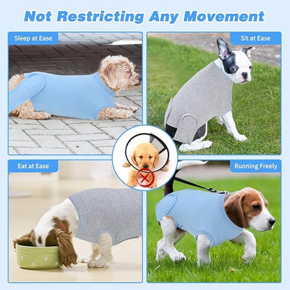 2 Packs Breathable Cotton Dog Recovery Suit for After Neuter Spay Abdominal Wounds Protector, Professional Anti-Licking Onesies for Male Female Pets Surgery Bandages, S Grey Blue Pure