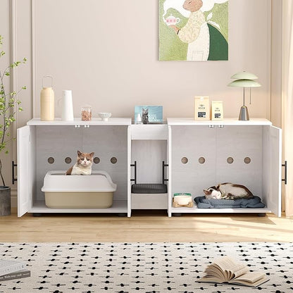 GAOMON Litter Box Enclosure with Double Cage, Cat House,Hidden Litter Box Enclosure Furniture for 2 Cats, Wooden Enclosed Cat Litter Box Furniture,55”L x 17.7”W x 22.5”H,White