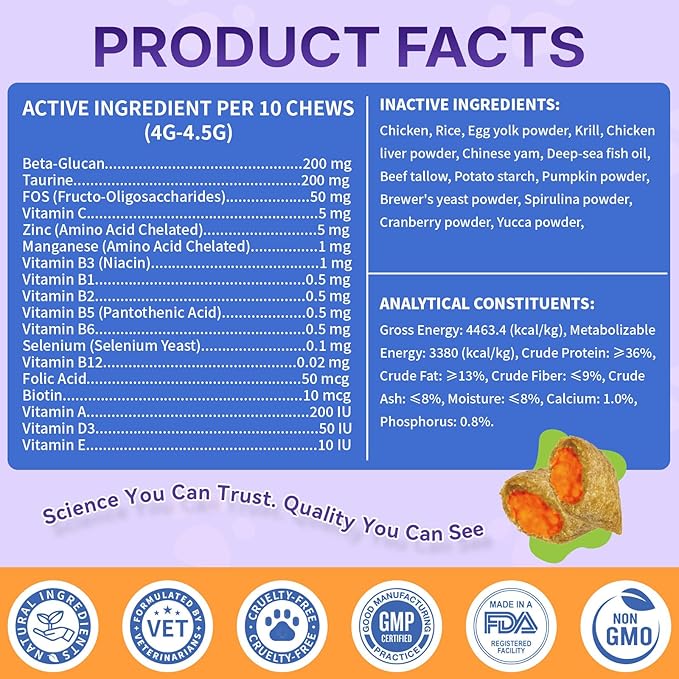 Taurine for Cats Vitamins Treats, 18 in 1 Cat Multivitamins Treats 500 Crunchy & Krill Chews Cat Vitamins with Taurine Supplements for Heart Vision Immune Digestion Skin & Coat Support for All Ages