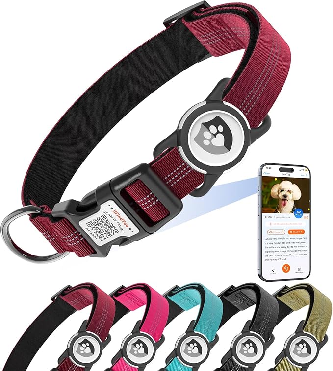 Reflective Dog Collar with AirTag Holder for Medium Dogs Soft Nylon Burgundy Sized S