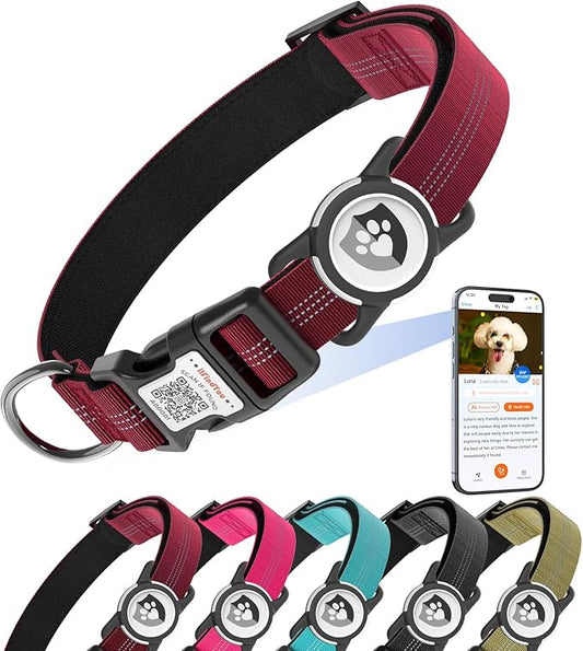 Reflective Dog Collar with AirTag Holder for Medium Dogs Soft Nylon Burgundy Sized M