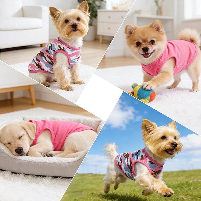2 Pack Dog Shirts for Small Dogs Girl Boy Camouflage Puppy Clothes Pet T Shirts Dog Clothes for Small Dogs Cats Apparel (Pink Camouflage + Solid Color, Small)