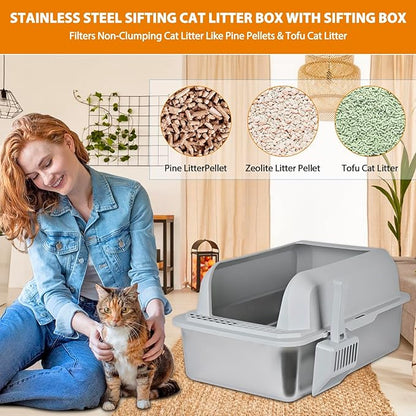 Homegroove Stainless Steel Sifting Litter Box for Pine Pellets, 23.6''Lx15.7''Wx12''H Cat Litter Box with Lid for Indoor Cats Metal Pellet Sifter Litter Pan with Plastic Scoop &10 Urine Pads (6 Inch)