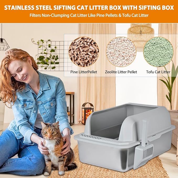 Homegroove Stainless Steel Sifting Litter Box for Pine Pellets, 23.6''x15.7''x14'' XXL Metal Cat Litter Box with Lid for Indoor Cats Pellet Sifter Litter Pan with Plastic Scoop &10 Urine Pads (8 Inch)