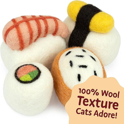 Woolbuddy Sushi Cat Toy Set – Wool Felt Interactive Toys for Indoor Cats & Kittens, Catnip-Free, Durable, Cute Enrichment Toys for Bored Cats, Natural Wool Dental & Hunting Play (Large – 4 Pcs)