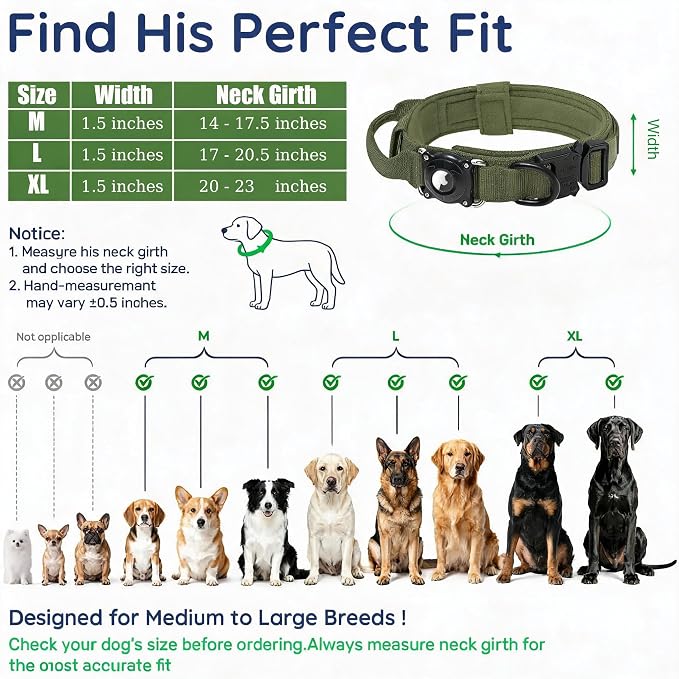 2026 New and Improved AirTag Dog Collar, Military Tactical Dog Collar with Integrated AirTag Holder-Adjustable Control Handle, Durable Metal Buckle,Comfortable GPS Dog Collars (Green, XL)