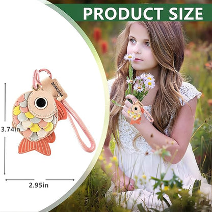 Leather Keychain Holder Case Compatible with AirTag,Cute Protective Cover with Keyring and Lanyard,Anti-Scratch Finder GPS Tracker Case for Wallet Keys,Bag,Pets,Backpack(Pink Fish)