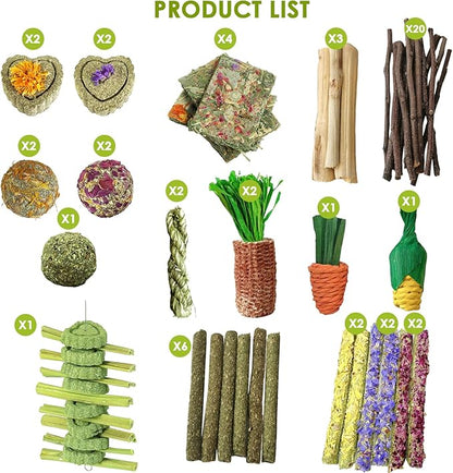 53Pcs Rabbit Chew Toys,Rabbit Toy for Bunnies Boredom Bunny Toys for Teeth, Timothy Stick, Apple Sticks, Sweet Bamboo, for Guinea Pig, Hamster, Chinchilla, Rat, Small Animals