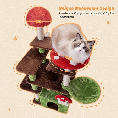 IRONCK Mushroom Cat Tree for Indoor Cats, 58" Multi-Level Cat Tower with Scratching Posts, Anti-Tip Extra Wide Base, Plush Cat Condo & Hammock Furniture for Cats, Easy Assembly