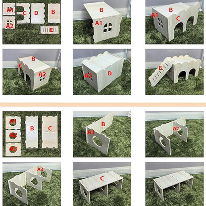 2 PCS Large Wooden Syrian Hamster Hideout Multi-Chamber Tunnel Set Hamster House Hiding Maze Platform Stuff Exploring Toy Cage Accessories for Guinea Pig Rat Mice Hedgehog Squirrel Chinchilla