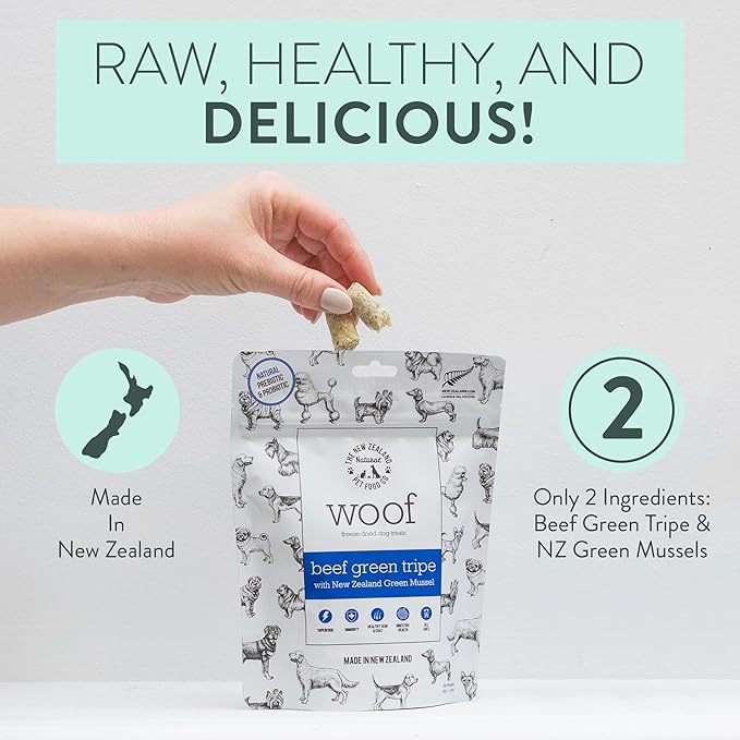The New Zealand Natural Pet Food Co. WOOF Freeze Dried Dog Treats - Beef Green Tripe, High Protein, Treats Small & for Large Dogs, Natural, Topper or Dog Treat, 1.4 oz