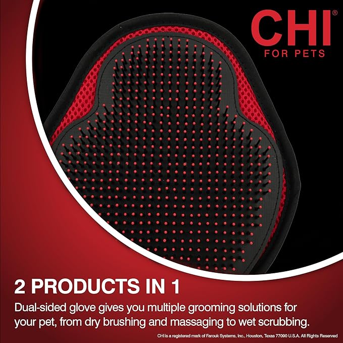 CHI for Dogs Detangling Grooming Glove, Dual-Sided Pet Deshedding Mitt for Wet or Dry Use, Dog Hair Remover and Massage Brush, Coated Pin Tips, Adjustable Strap, One Size Fits All