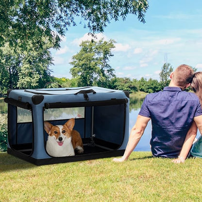 PETSFIT 30" Soft Portable Dog Crate – Patented Spiral Sturdy Frame, Collapsible Travel Kennel for Medium Dogs, 3 Mesh Door, Lockable Zippers, Indoor & Car Use Blue