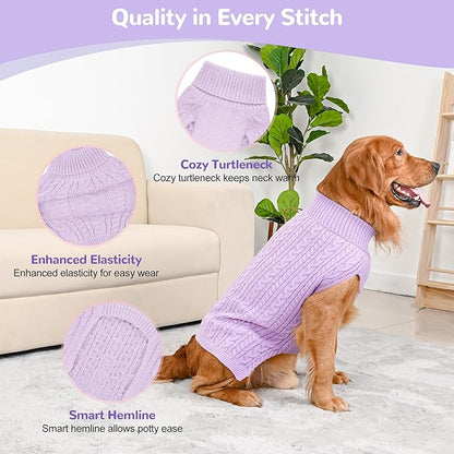2 Pack Dog Sweaters for Large Dogs Winter Turtleneck Pullover Cable Knit Fleece Stretch Pitbull Labrador Golden Retriever Doberman Bulldog Boy Girl Pet Clothes (XL, Pink & Purple)