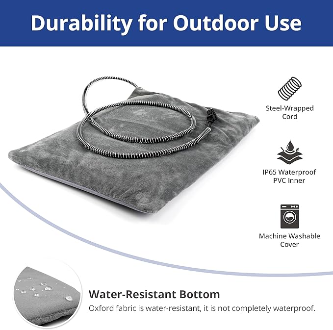 Outdoor Heated Dog Bed, Soft Pet Heating Pad with Steel-Wrapped Cord, Outside Pet Warmer for Feral Cats and Dogs, 35.4" x 23.6", 80 Watts