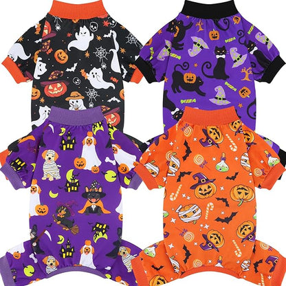 XPUDAC 4 Pack Halloween Dog Pajamas, Funny Ghost Halloween Costumes for Dogs, Soft Strechy Doggy Clothes for Small Medium Dogs Boy Girl, Pet Apparel, S