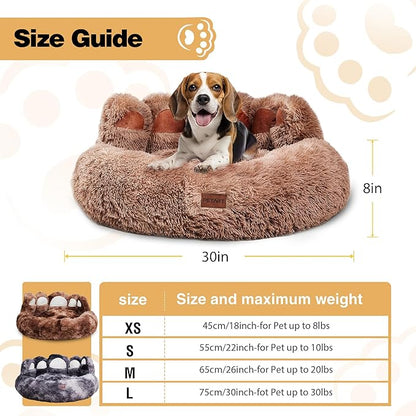 Cute Dog Bed, Fluffy Cozy Bear Paw Shape Plush Round Cat Bed for Small, Medium Dogs Large Cats, Comfortable Sleeping Puppy Cushion, Ideal for Indoor Use（Khaki,30inch
