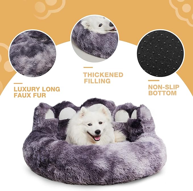 Cute Dog Bed, Fluffy Cozy Bear Paw Shape Plush Round Cat Bed for Small, Medium Dogs & Large Cats,Comfortable Sleeping Puppy Cushion, Ideal for Indoor Use（Black&Gray,26inch