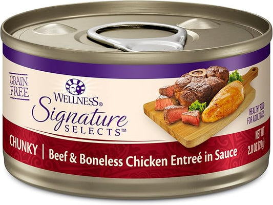 Wellness CORE Signature Selects Chunky Adult Canned Wet Cat Food, Natural, Protein Rich, Grain Free, Beef and Chicken Entrée Recipe, 2.8 oz, Pack of 12 Cans