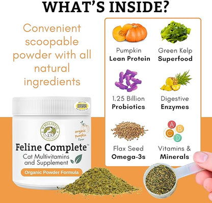 Wholistic Pet Organics Feline Complete Organic Pumpkin - 4 Oz - Multivitamin & Probiotic Powder for Cats - Natural Cat Food & Digestive Support - 37 Scoops