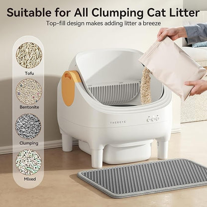 Thereye Automatic Litter Box, Open-Top Self Cleaning Litter Box with APP Control, Safety Sensors and 10L Large Waste Bin, Smart Auto Litter Box with 2 Roll Trash Bags, Mat for Multiple Cats