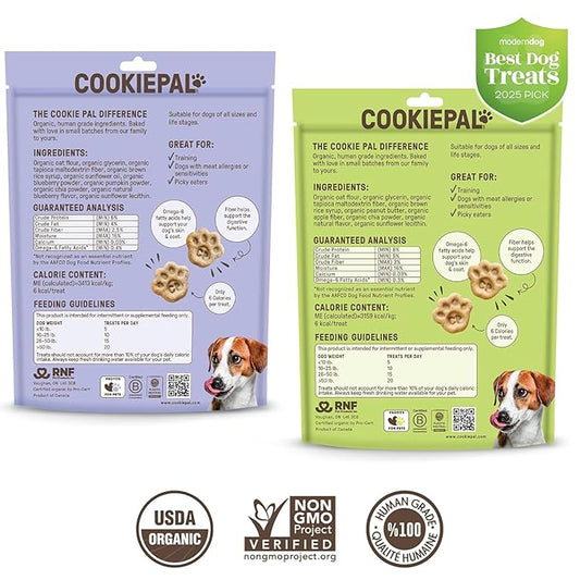 CookiePal Variety Pack Organic Soft Dog Treats (Peanut Butter Apple & Blueberry Pumpkin), Low Calorie Human Grade Biscuits, Non-GMO, Perfect for Training Dog Treats, 8.8 oz (Pk of 4)